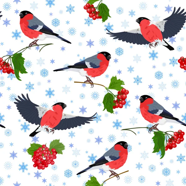 Ilustração vetorial de bullfinch, guelder-rose e flocos de neve sem costura padrão —  Vetores de Stock