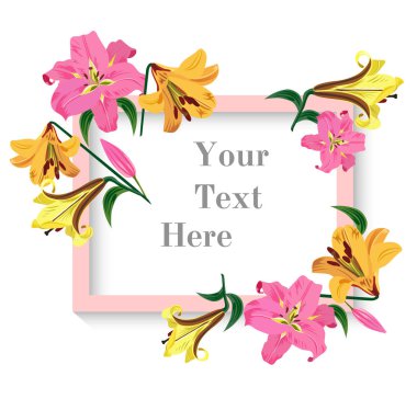 Tebrik kartı beyaz arka plan üzerinde renkli zambak çiçekler ile vektör çizim