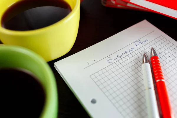 Business Planning Coffee Notebook Sketchbook Two Pen Dark Brown Wooden — Stock Photo, Image