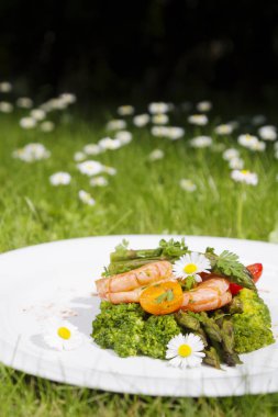 Karides, kuşkonmaz ve brokoli ile yenilebilir papatya çiçekler. Seçici odak. Açık fotoğraf.