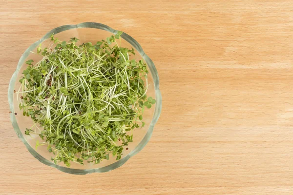 Broccoli Sprouts Glass Bowl Wooden Background Nutrition Food Ingredient — Stock Photo, Image