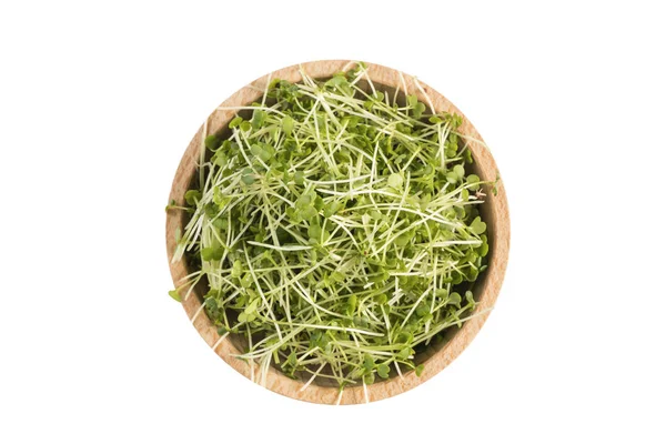 Broccoli Sprouts Wooden Bowl Isolated White Background Nutrition Food Ingredient — Stock Photo, Image