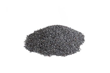 Mavi haşhaş tohumu yığını beyaz arka planda izole edilmiş. yemek malzemesi.