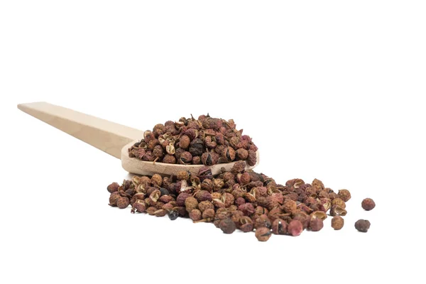 Sichuan Pepper Wooden Spoon Isolated White Background Food Ingredient — Stock Photo, Image