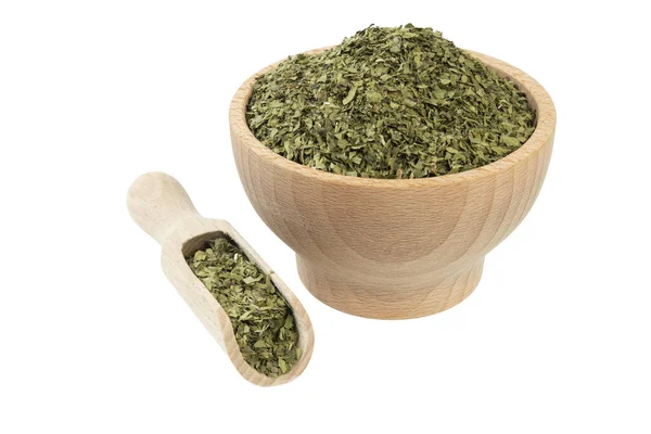 Erba Lovage Essiccato Ciotola Legno Scoop Isolato Sfondo Bianco Vista — Foto Stock