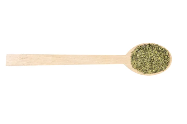 Erba Lovage Essiccato Cucchiaio Legno Isolato Sfondo Bianco Spezie Ingredienti — Foto Stock