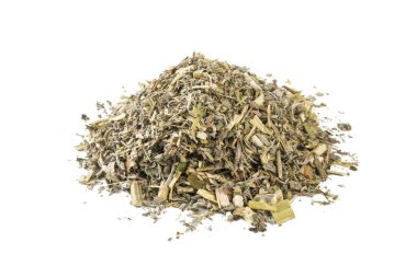 Wormwood bitkisi ya da beyaz arka planda izole edilmiş latin Absinthii Herba bitkisi yığını. Şifalı bitkiler. Bitkisel ilaçlar. alternatif tıp