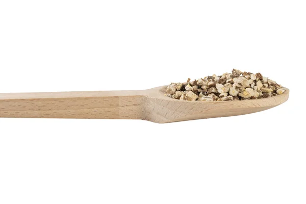 蒲公英根或在拉丁塔拉西洋芋中 用木制勺子隔离 白色背景 药用治疗药草 替代疗法 — 图库照片
