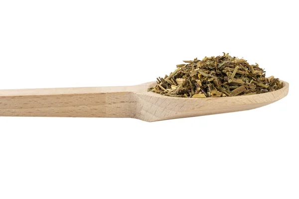 セランディンやラテン語のチェリドニ ハルバの木のスプーンは白い背景に隔離されている 薬草療法だ 漢方薬 代替医療 — ストック写真