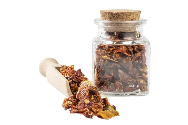 Dried Tomatoes Glass Jar Wooden Scoop Isolated White Background Spices — Stock Photo, Image