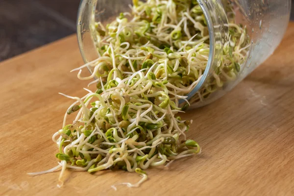 Radish Sprouts Glass Jar Wooden Background Nutrition Food Ingredient — Stock Photo, Image