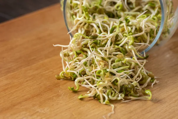 Radish Sprouts Glass Jar Wooden Background Nutrition Food Ingredient — Stock Photo, Image