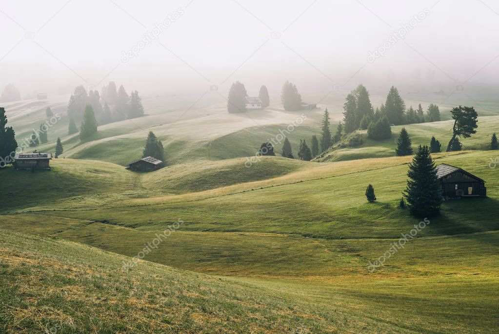 Alpe di Siusi meadows and mountain chalets