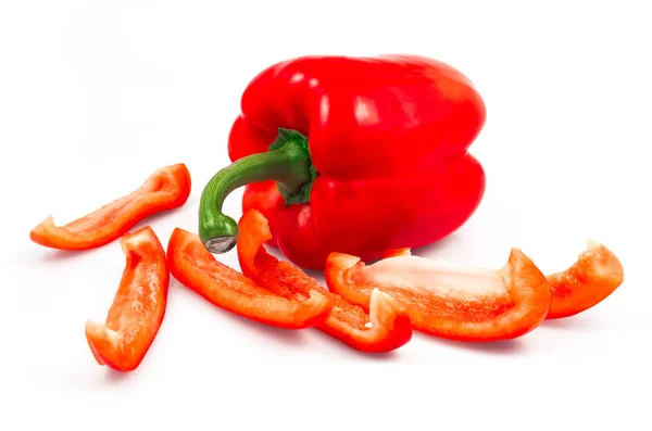 Whole Sliced Red Sweet Peppers Isolated White Background Cutout — Stock Photo, Image