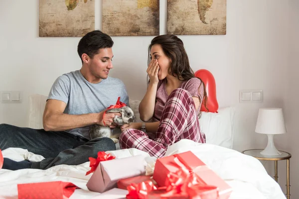 Jovem casal bonito dando um coelho como um presente — Fotografia de Stock