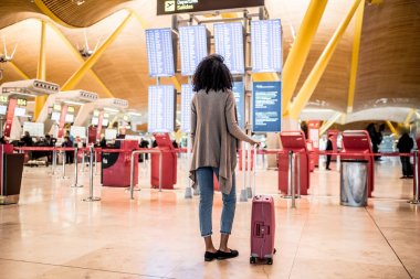 Bir bavulla havaalanında Uçus tarifesi Bilgi panelinde bakarak kadın