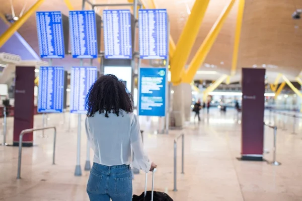 Bir bavulla havaalanında Uçus tarifesi Bilgi panelinde bakarak kadın