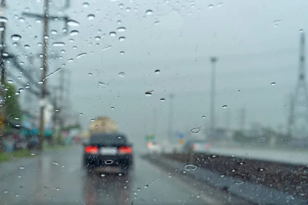 Beim Fahren Regen Sind Wassertropfen Glas — Stockfoto