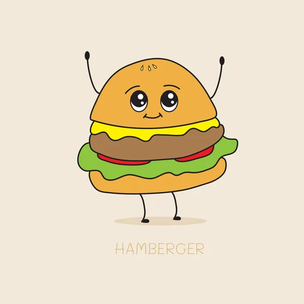 Hamburguesa alegre de la comida rápida de la historieta, hamburguesa de queso, pizza, perrito caliente — Vector de stock