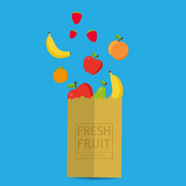 Paquete de papel con productos frescos y saludables.Fruta fresca 100% Naturaleza — Archivo Imágenes Vectoriales