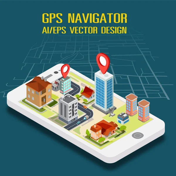 Plano 3d isométrico móvel GPS mapas de navegação —  Vetores de Stock