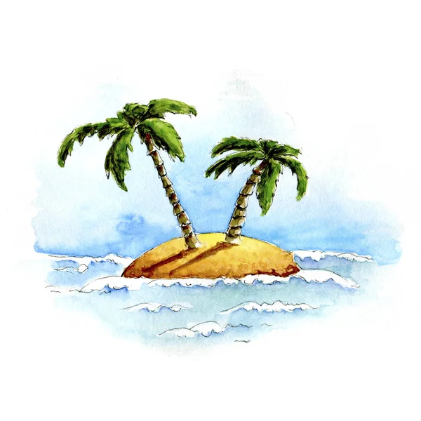 Акварельный остров, пальмы, голубое небо, тени — стоковое фото