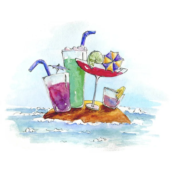 Watercolor island cocktails in different glasses on yellow sand — Stock Photo, Image