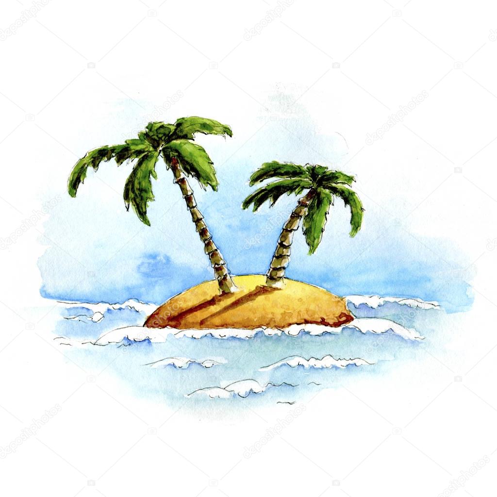 watercolor island, palm trees, blue sky, shadows