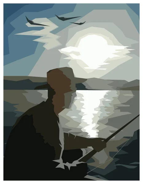 渔夫在一顶帽子在太阳和大海或湖泊的钓鱼杆 — 图库矢量图片