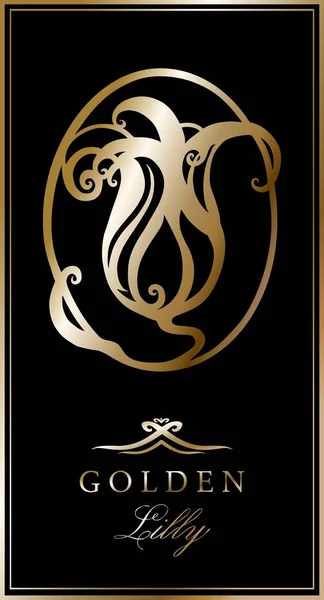 Logotipo de ouro no quadro (Lily, Tulipa, sino) em um fundo preto — Vetor de Stock