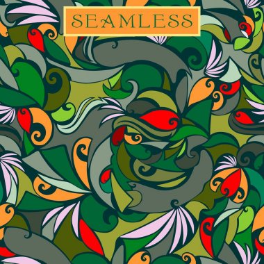 Parlak kırmızı ve turuncu sıçraması (orman ve doğa ile dernekler) vitray tarzı ile yeşil renklerde soyut sorunsuz doku