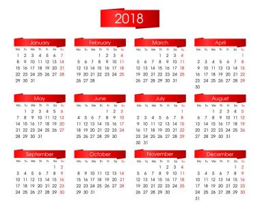 Beyaz bir arka plan üzerinde parlak kırmızı grafik ile 2018 için yıllık takvim