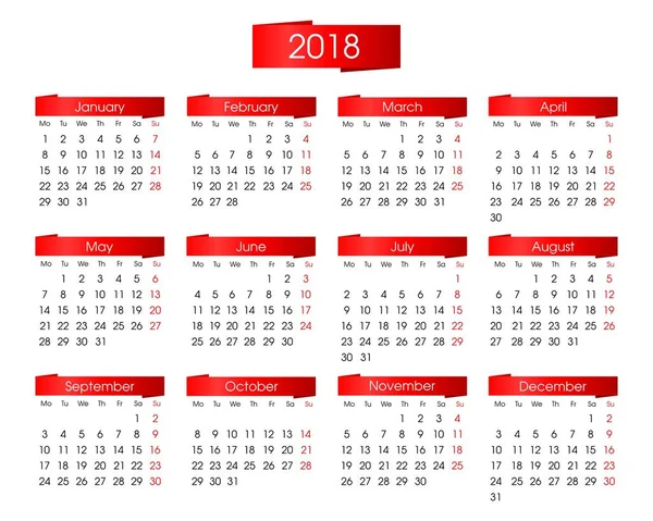 Calendario anual para 2018 con gráficos de color rojo brillante sobre un fondo blanco — Archivo Imágenes Vectoriales