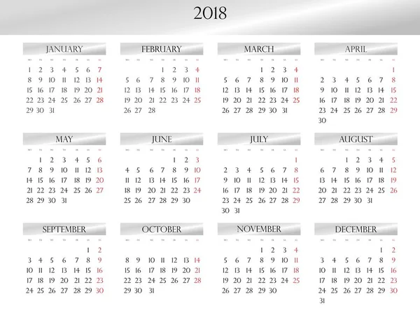 Calendario anual 2018 con un diseño plateado claro — Archivo Imágenes Vectoriales