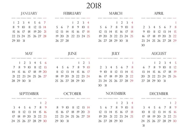 Calendario para 2018 para cualquier diseño, el comienzo de la semana, el lunes — Archivo Imágenes Vectoriales