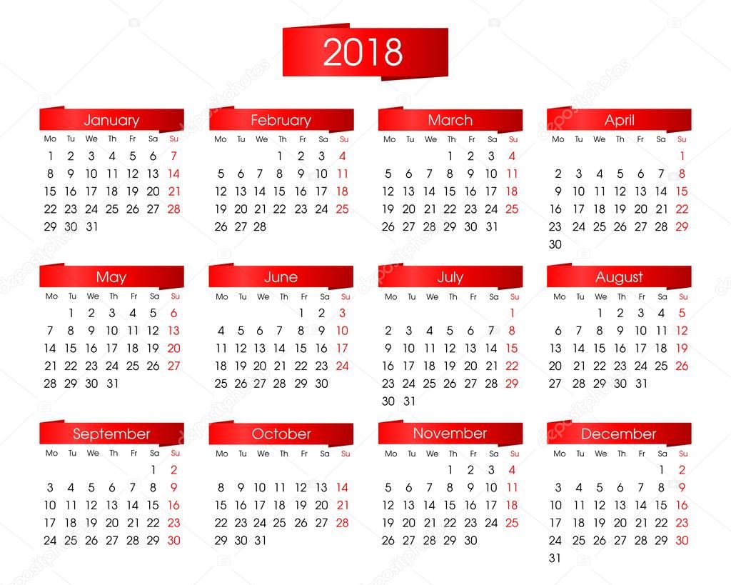 annual calendar for 2018 with bright red graphics on a white background
