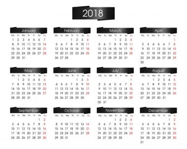 Metalik Siyah beyaz zemin üzerine bilgi grafik ile 2018 yıl için yıllık takvim