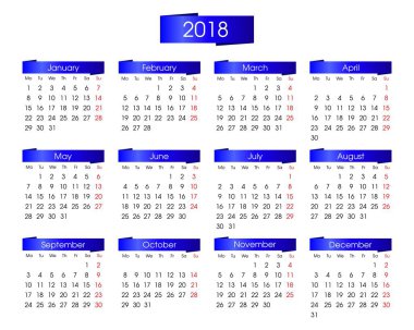 Beyaz arka plan üzerinde bilgi grafik parlak mavi ile 2018 yıl için yıllık takvim