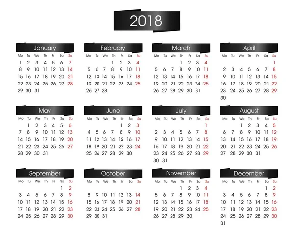 Calendário anual para 2018 ano com o preto metálico de gráficos info sobre fundo branco — Vetor de Stock