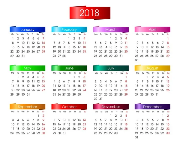 Calendario anual para 2018 con brillante bandera de gráficos de información de colores sobre fondo blanco — Archivo Imágenes Vectoriales