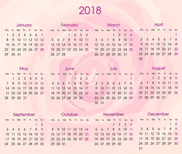 Jahreskalender für das Jahr 2018 in femininem, romantischem Stil vor zartem Rosenhintergrund — Stockvektor