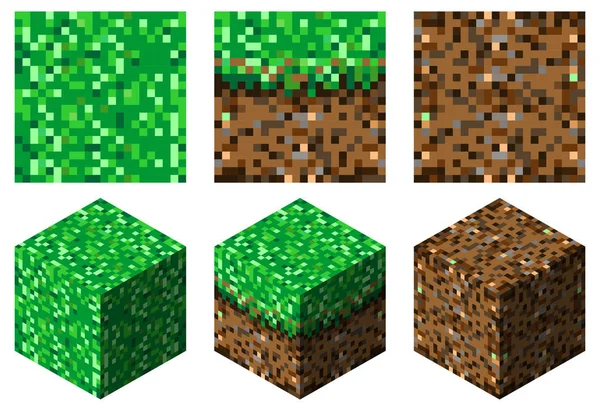 Texturas e cubos em estilo minecraft (grama verde-marrom e terra ) —  Vetores de Stock