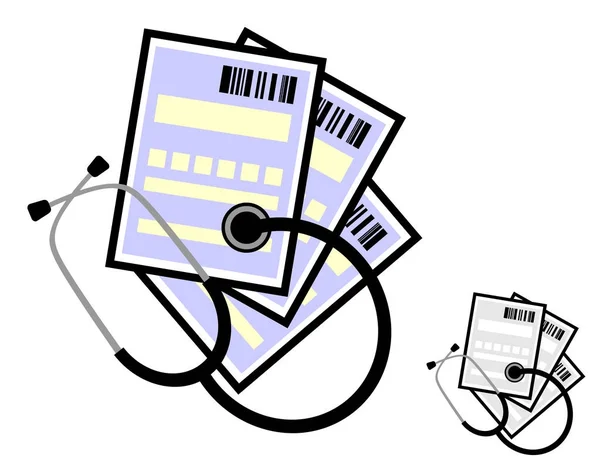 Un estetoscopio y certificados médicos o recetas para comprar medicamentos con un código de barras — Vector de stock
