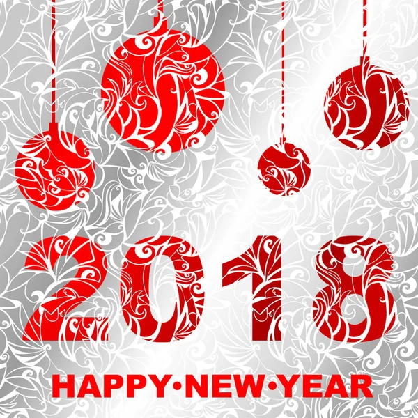2018 année résille signe rouge avec des ballons sur un fond de motifs argentés givré (carte de Noël ) — Image vectorielle