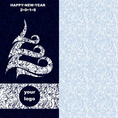 2018 beyaz soyut Noel ağacı ve Indigo bir koyu mavi zemin üzerine bir logo için yer ile kurumsal Noel kartı