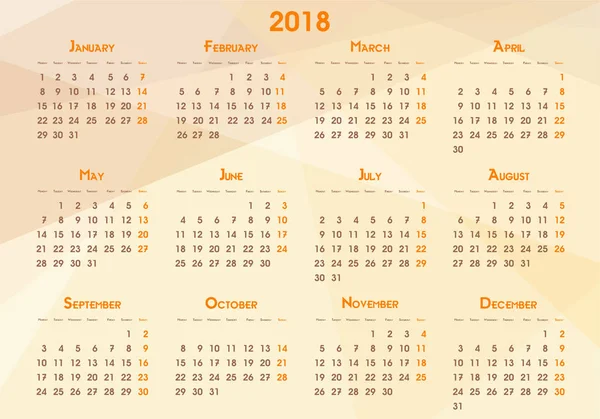 Calendario Anual Del Año 2018 Formato Horizontal Con Tonos Cálidos — Archivo Imágenes Vectoriales