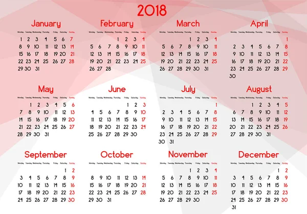 Calendario Anual Para Año 2018 Formato Horizontal Con Tonos Rojos — Archivo Imágenes Vectoriales