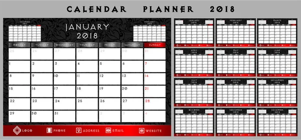 Karanlık, Gotik, vintage siyah ve kırmızı tarzı takvim planlayıcısı