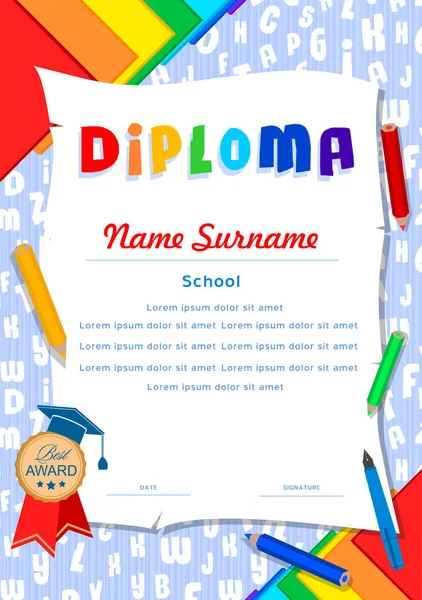 Diplôme Enfant Avec Lettres Rouleaux Crayons Cahiers Stylo — Image vectorielle