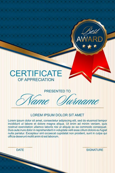 Certificato Verticale Semplice Timbro Medaglia Stile Blu Oro — Vettoriale Stock